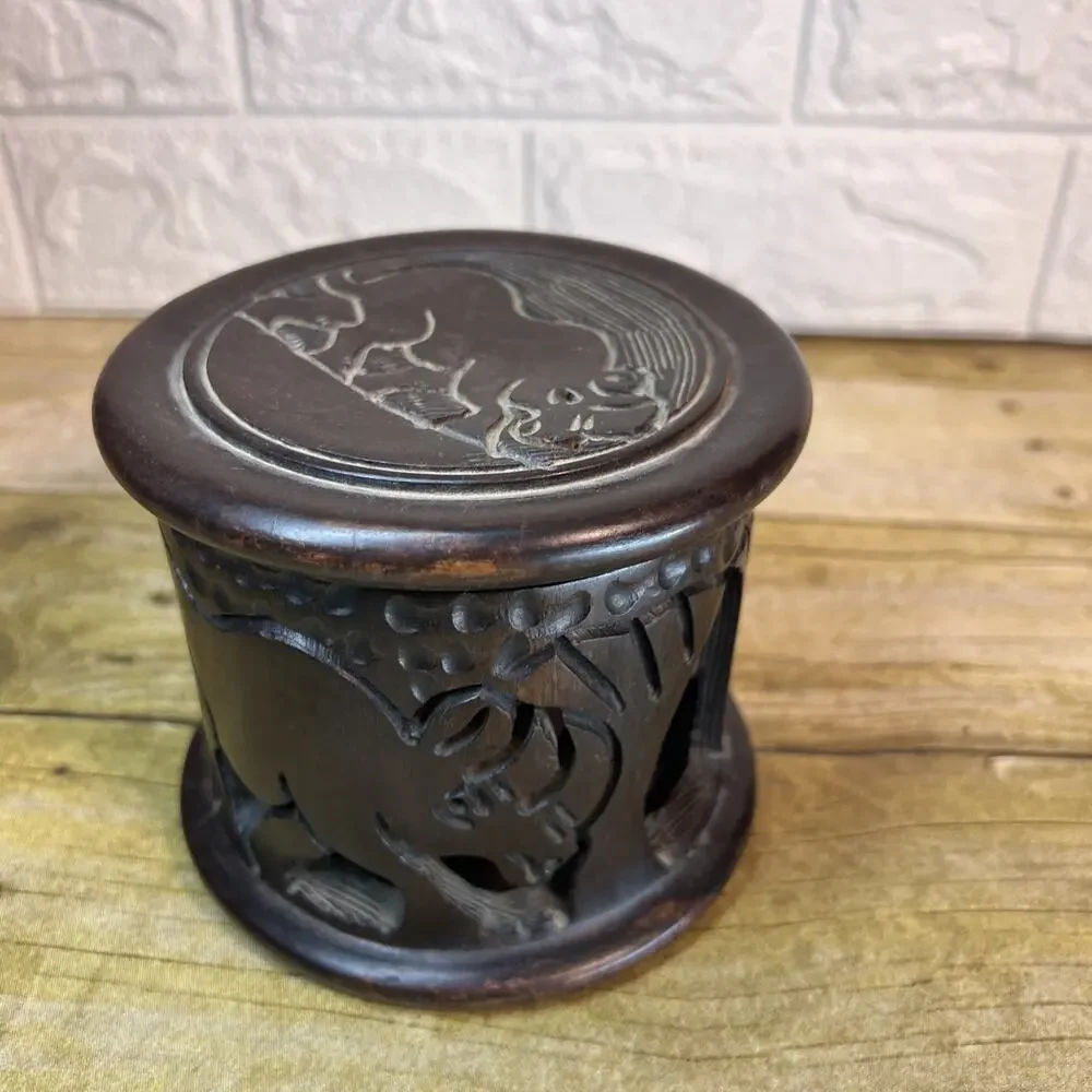Hand Carved Wooden Africa 6 Coaster Set with Holder & Lid Beautiful Boho 4x5”